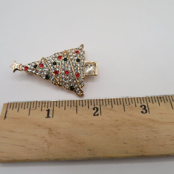 Rhinestone Christmas Tree Gold Tone Brooch - Picture 7 of 7